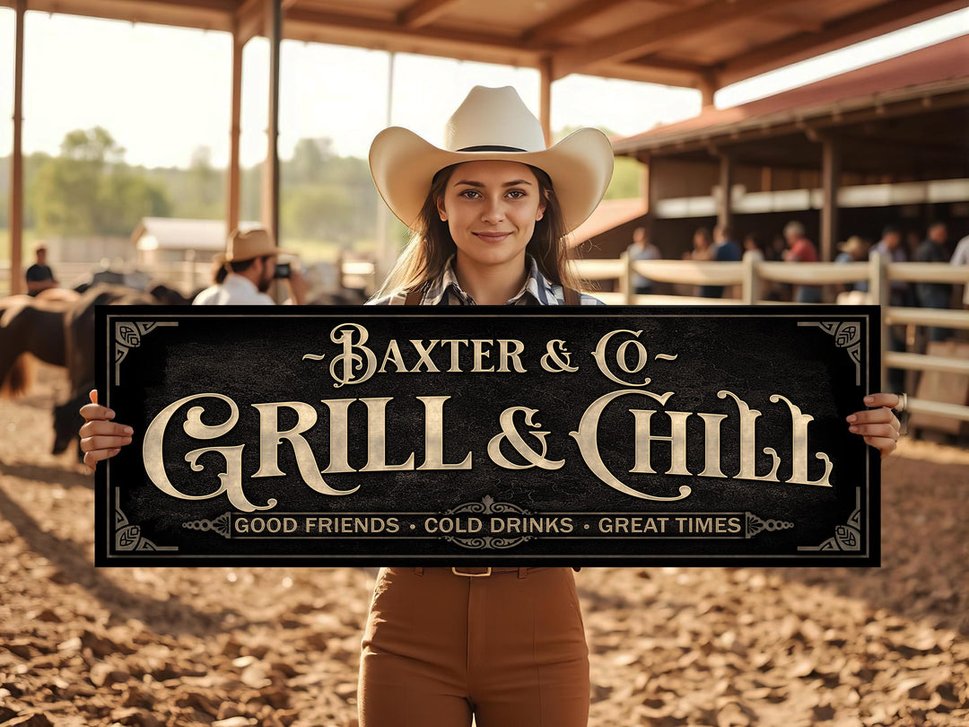 Personalized Grill & Chill Sign with Family Name | Earthtone Bar and Grill Sign | Customized Family Bar and Grill Sign | Custom BBQ SIgn