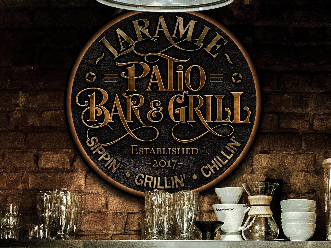 Personalized Patio Bar and Grill Sign | Round Metal Signs | BBQ Wall Décor | Personalized Bar and Grill | Bar Decor | Bar and Grill Gift