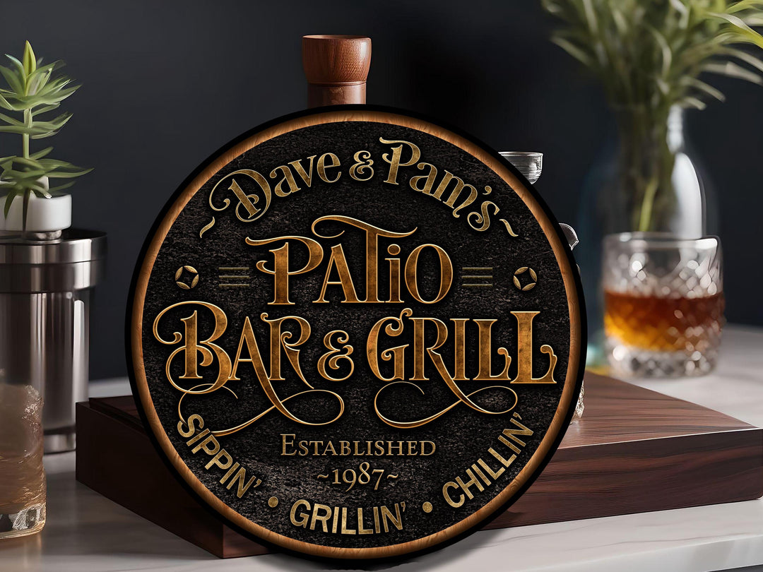 Personalized Patio Bar and Grill Sign | Round Metal Signs | BBQ Wall Décor | Personalized Bar and Grill | Bar Decor | Bar and Grill Gift