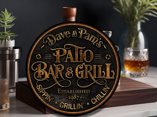 Personalized Patio Bar and Grill Sign | Round Metal Signs | BBQ Wall Décor | Personalized Bar and Grill | Bar Decor | Bar and Grill Gift