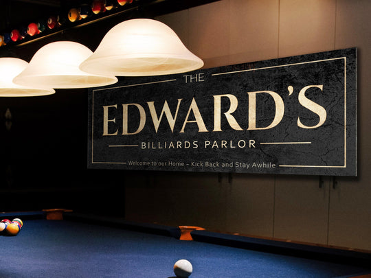 Billiard Pool Hall Sign with Personalized Family Name | Custom Wall Decor on Metal or Canvas Sign | Customized & Personalized Wall Art