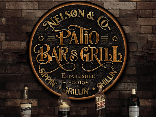 Personalized Patio Bar and Grill Sign | Round Metal Signs | BBQ Wall Décor | Personalized Bar and Grill | Bar Decor | Bar and Grill Gift