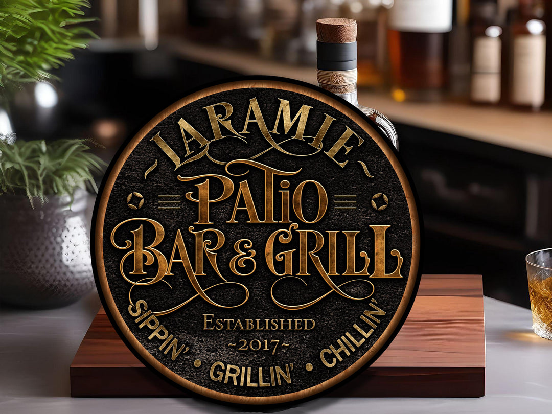 Personalized Patio Bar and Grill Sign | Round Metal Signs | BBQ Wall Décor | Personalized Bar and Grill | Bar Decor | Bar and Grill Gift