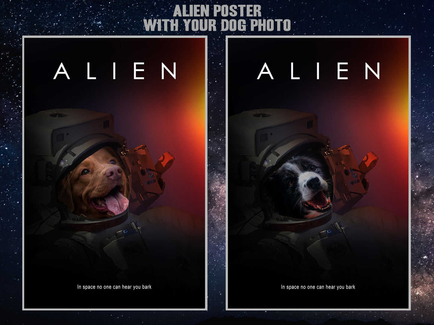 Alien Movie Poster with Custom Dog Poster as a Space Dog Movie Poster making a Funny Pet Portrait on a Custom Movie Poster for Funny Gifts