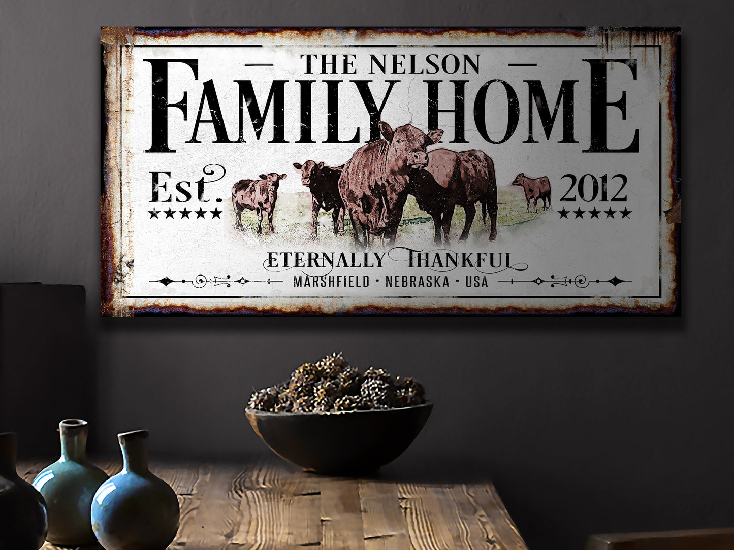 Red Angus Cattle Ranch Sign | Last Name Farmhouse Sign | Farmhouse Sign | Ranch House Plans | Farm Wall Decor | Distressed Sign