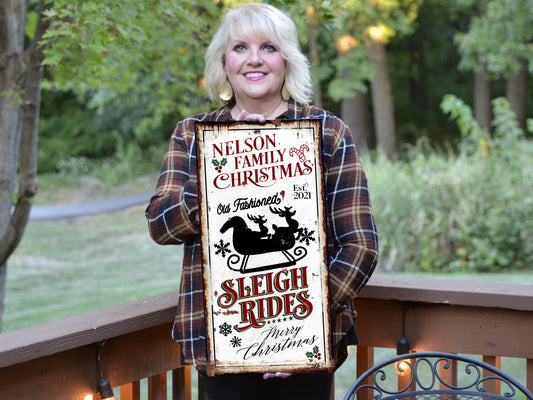 Sleigh Rides Christmas Sign | Large Christmas Sign | Family Name Sleigh Rides | Personalized Christmas Sign | Rustic Christmas Sign