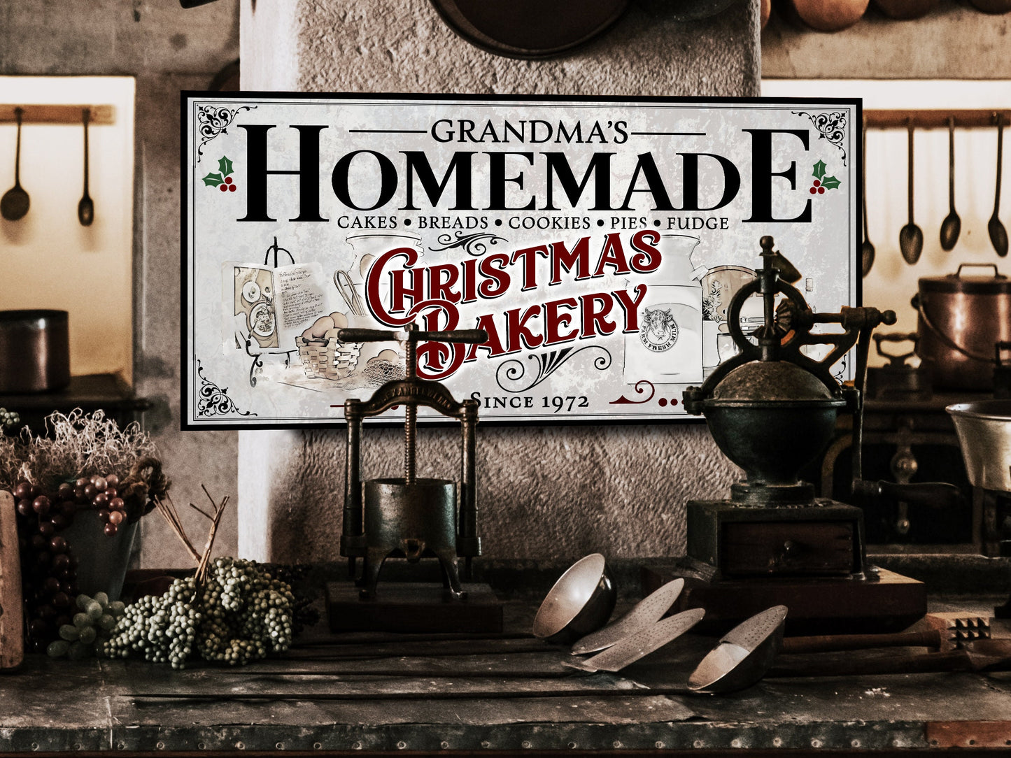 Kitchen Bakery Christmas Sign | Christmas Decor Sign | Personalized Family Christmas Sign | Farmhouse Christmas | Lightly Distressed Sign