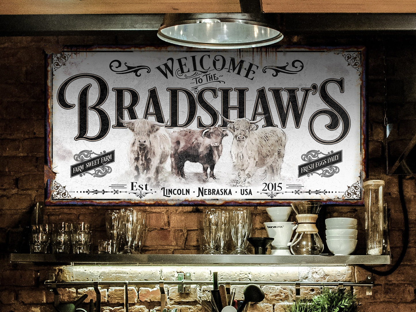 Highland Cow Ranch Sign | Family Name Farmhouse Sign | Highland Cow Sign | Ranch House Plans | Farm Wall Decor | Distressed Sign
