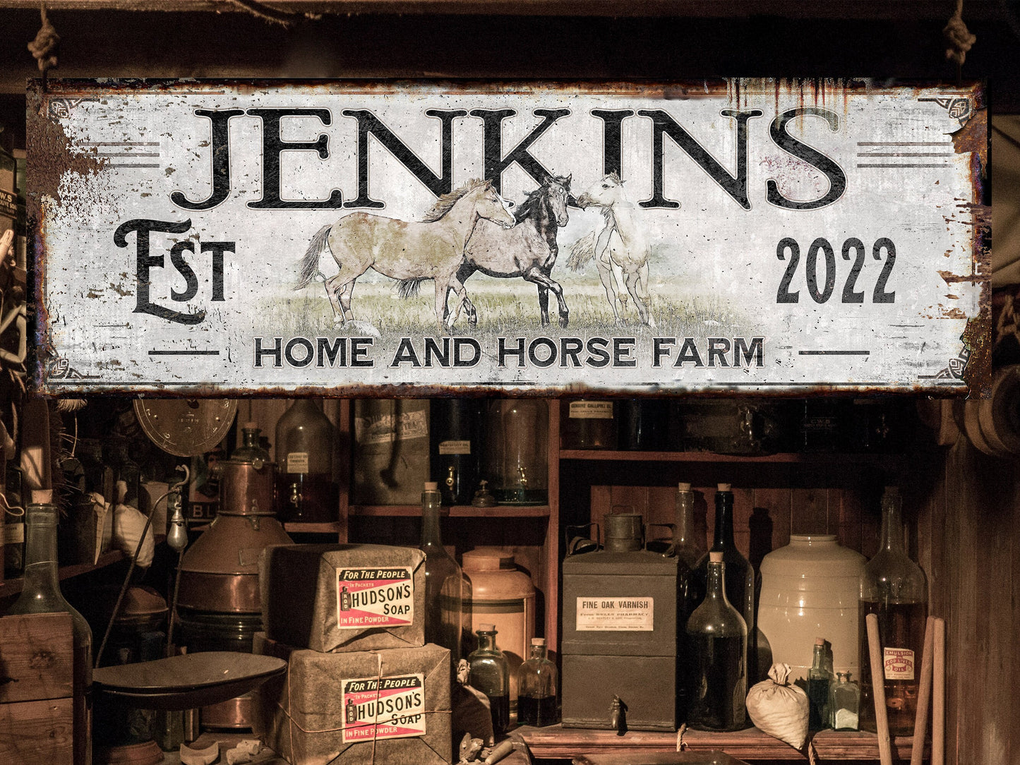 Horse Sign with Custom Family Name and Established Date | Modern Farmhouse Wall Decor on Aluminum Sign | Vintage Rust Wall Art