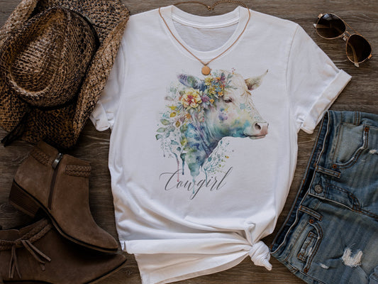 Cowgirl T-shirt | Floral Cowgirl T-shirt | Floral T-shirt | Cow Watercolor T-shirt with Flowers