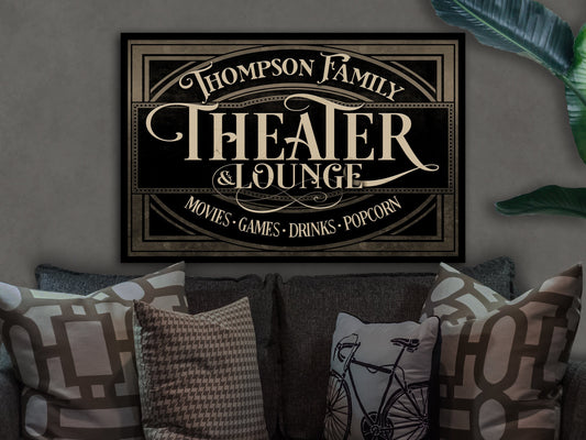 Personalized Home Theater Lounge | Theater and Lounge Sign | Family Theater Decor | Game Room Sign | Modern Farmhouse | Large Metal Sign