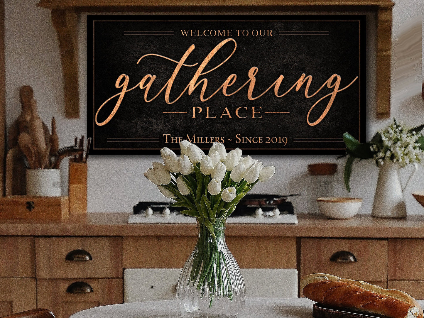 The Gathering Place Sign | Last Name Est Date | Dark Vintage Personalized Name Sign | Rustic Large Metal or Canvas | Vintage Home Wall Decor